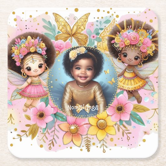 フォト誕生日リトルブラック妖精アフリカンピンク スクエアペーパーコースター (正面)