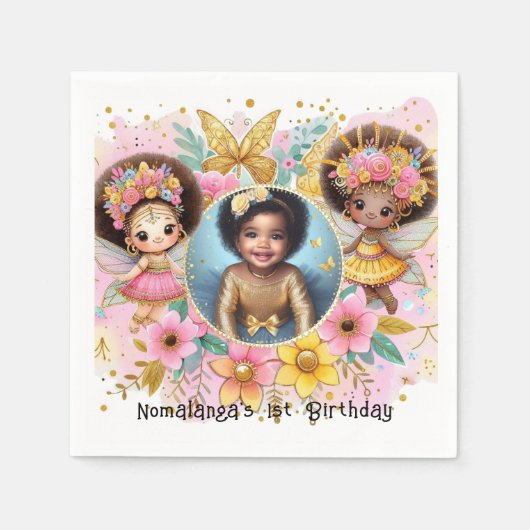 フォト誕生日リトルブラック妖精アフリカンピンク スタンダードカクテルナプキン (正面)