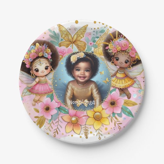 フォト誕生日リトルブラック妖精アフリカンピンク ペーパープレート (正面)