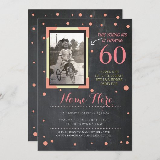 フォト誕生日ヴィンテージスタイルチョークピンク招待状 招待状 (正面/裏面)