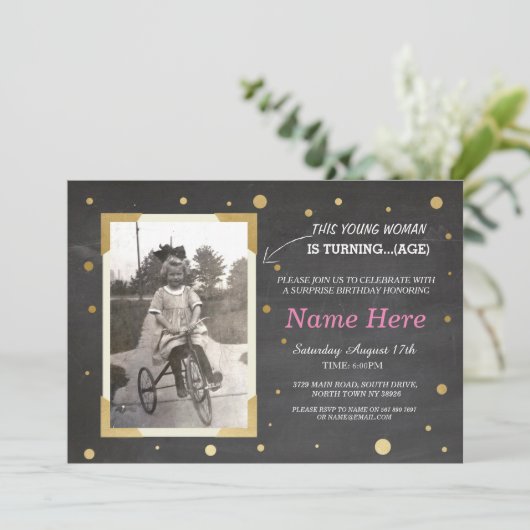 フォト誕生日ヴィンテージチョーク招待状ウォーメンズ50th 60 招待状 (スタンド正面)