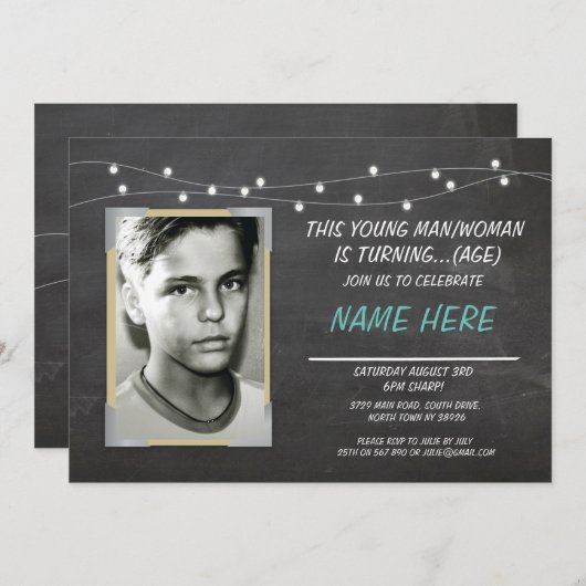 フォト誕生日ヴィンテージチョーク招待状メンズまたは女性 招待状 (正面/裏面)