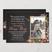 フォト誕生日ヴィンテージフローラ招待状Any Age Women 招待状 (正面/裏面)