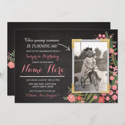 フォト誕生日ヴィンテージフローラ招待状Any Age Women 招待状 (正面/裏面)