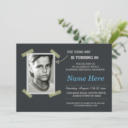 フォト誕生日ヴィンテージブラック招待状メンズ50位60位 招待状 (スタンド正面)
