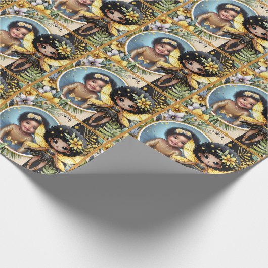 フォト誕生日妖精ブラックイエロー金ゴールドかわいい ラッピングペーパー (角)