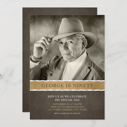 フォト誕生日招待状90番目のパーティー写真 招待状 (正面/裏面)
