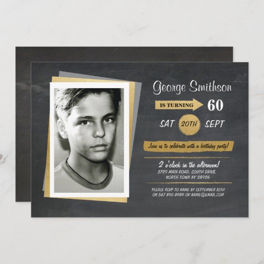 フォト誕生日金ゴールドシャルボード招待状 招待状 (正面/裏面)