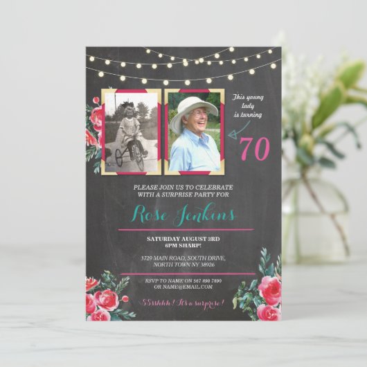 フォト誕生日60番目の70番目のフローラ2写真招待状 招待状 (スタンド正面)
