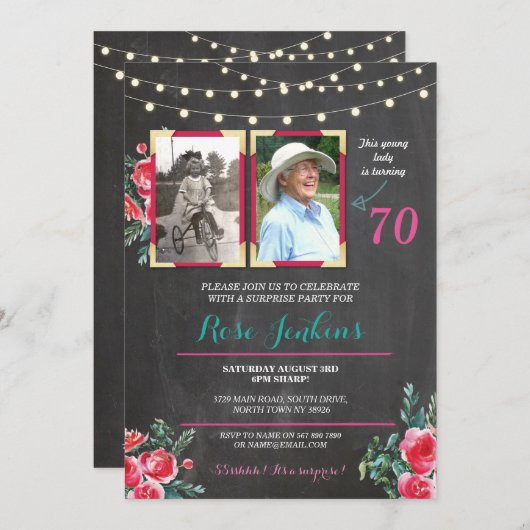 フォト誕生日60番目の70番目のフローラ2写真招待状 招待状 (正面/裏面)