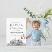 フォト誕生日 | 水色ブルーカーボーイズパーティー 招待状 (スタンド正面)