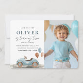 フォト誕生日 | 水色ブルーカーボーイズパーティー 招待状 (正面)