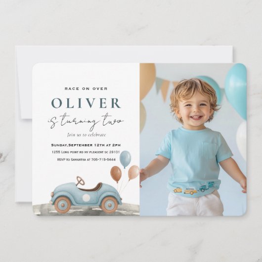 フォト誕生日 | 水色ブルーカーボーイズパーティー 招待状 (正面)