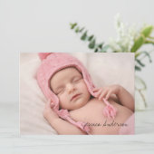 フォト誕生統計モダンスクリプト新生児ありがとう サンキューカード (スタンド正面)