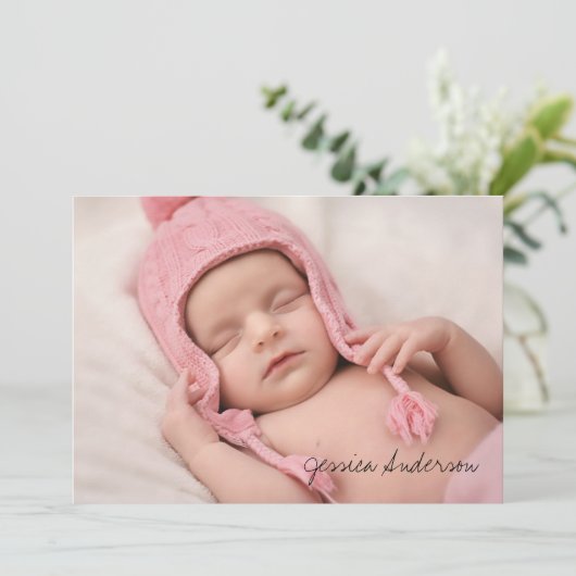 フォト誕生統計モダンスクリプト新生児ありがとう サンキューカード (スタンド正面)