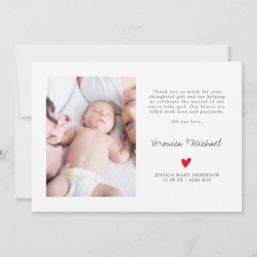 フォト誕生統計モダンスクリプト新生児ありがとう サンキューカード (裏面)