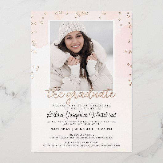 フォト赤面ピンクウォーターカラー卒業パーティー 箔招待状 (正面)