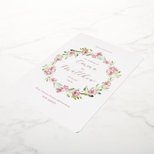 フォト赤面ピンクボタニカルリース結婚ズ 箔招待状 (回転した状態)