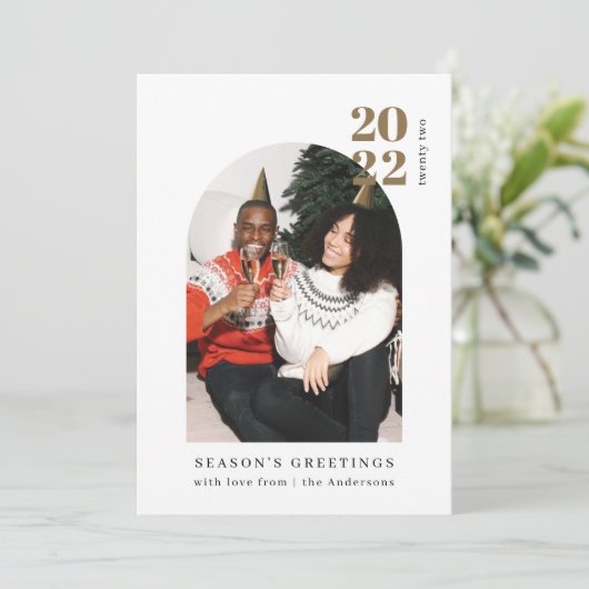 フォト金ゴールドアーチカップルのクリスマスパーティー招待状 シーズンカード (スタンド正面)
