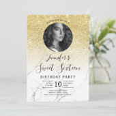 フォト金ゴールドグリッターマーブルスウィート16パーティー 招待状 (スタンド正面)