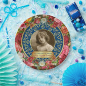 フォト金ゴールドゴージャスバラ記念ダークブルー ペーパープレート (パーティー)