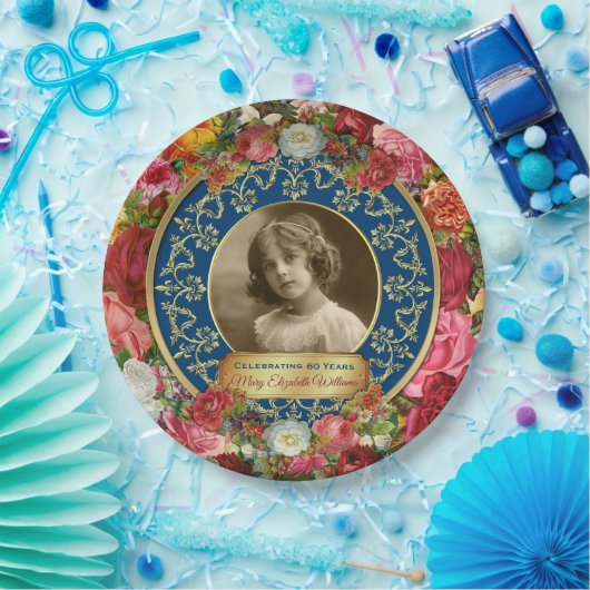 フォト金ゴールドゴージャスバラ記念ダークブルー ペーパープレート (パーティー)