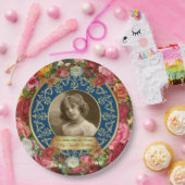 フォト金ゴールドゴージャスバラ記念ダークブルー ペーパープレート (パーティー)