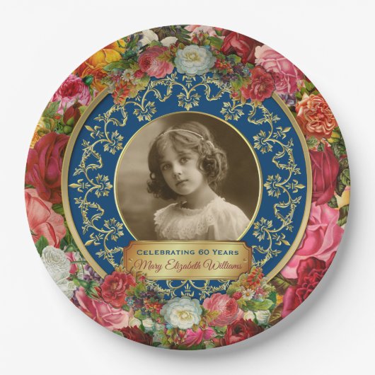 フォト金ゴールドゴージャスバラ記念ダークブルー ペーパープレート (正面)