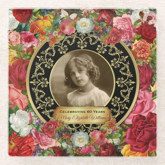 フォト金ゴールドゴージャスバラ記念ブラックオニキス ガラスコースター (正面)