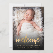 フォト金ゴールドスクリプトブラックウェルカム誕生 案内状 (正面)