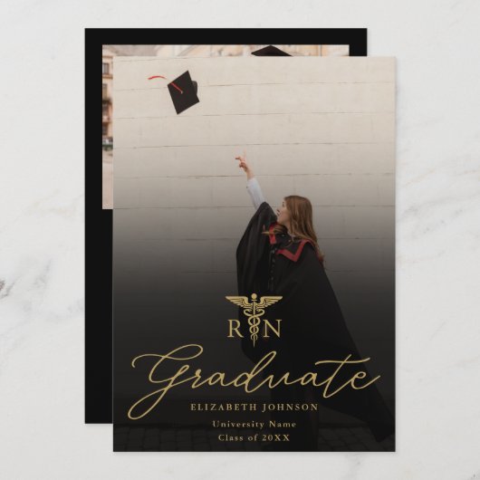 フォト金ゴールドスクリプトRN看護卒業パーティー 招待状 (正面/裏面)