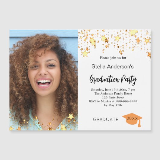 フォト金ゴールドスター卒業パーティー マグネット招待状 (正面)