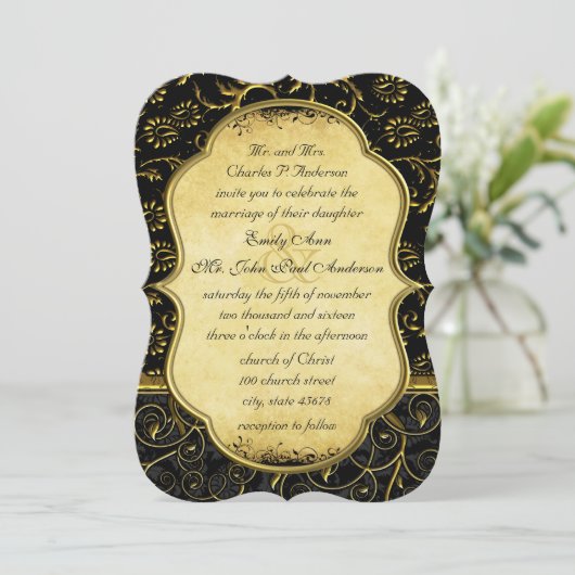 フォト金ゴールドダマスクスワーズ結婚式招待状 招待状 (スタンド正面)