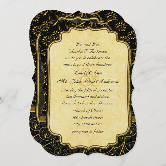 フォト金ゴールドダマスクスワーズ結婚式招待状 招待状 (正面/裏面)