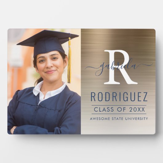 フォト金ゴールドダークブルー金属卒業記念テープ フォトプラーク (正面)