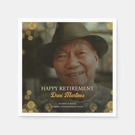 フォト金ゴールド紙吹雪ハッピーリタイアメントパーティー スタンダードカクテルナプキン (正面)