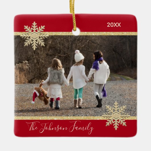 フォト金ゴールド赤い雪の記念クリスマスホリデー セラミックオーナメント (正面)