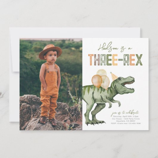 フォト3レックス恐竜誕生日招待状 招待状 (正面)
