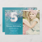 フォト5ティール（緑がかった色）シルバーグリッター誕生日 招待状 (正面/裏面)
