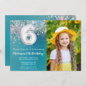 フォト6ティール（緑がかった色）シルバーグリッター誕生日 招待状 (正面/裏面)