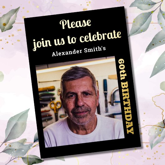 フォト60誕生日ブラック金ゴールド 箔招待状