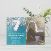 フォト7ティール(緑がかった色)シルバーグリッター誕生日 招待状 (スタンド正面)
