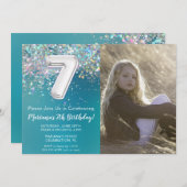 フォト7ティール(緑がかった色)シルバーグリッター誕生日 招待状 (正面/裏面)