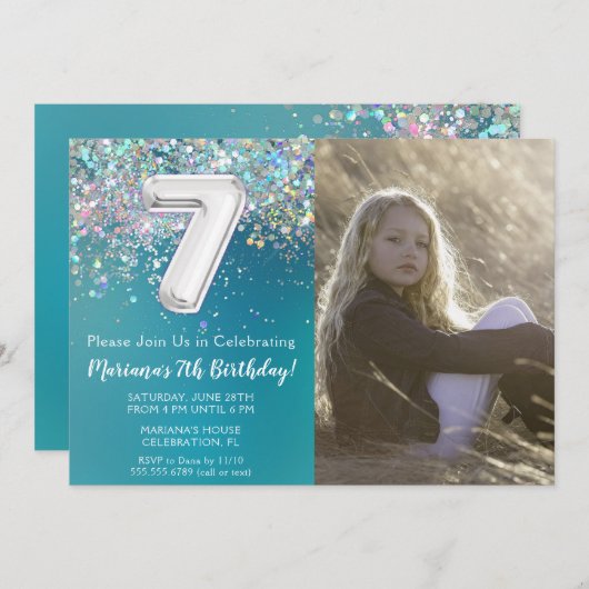 フォト7ティール（緑がかった色）シルバーグリッター誕生日 招待状 (正面/裏面)
