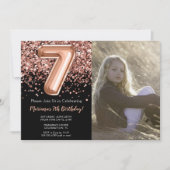 フォト7thブラックバラ金ゴールドグリッター誕生日 招待状 (正面)