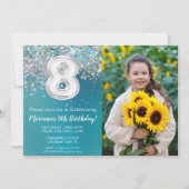 フォト8ティール（緑がかった色）シルバーグリッター誕生日 招待状 (正面)