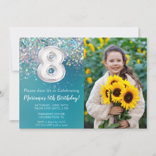 フォト8ティール（緑がかった色）シルバーグリッター誕生日 招待状 (正面)