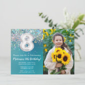 フォト8ティール（緑がかった色）シルバーグリッター誕生日 招待状 (スタンド正面)