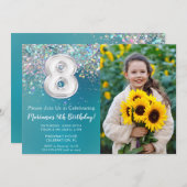 フォト8ティール（緑がかった色）シルバーグリッター誕生日 招待状 (正面/裏面)