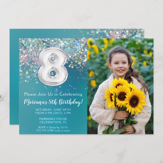 フォト8ティール（緑がかった色）シルバーグリッター誕生日 招待状 (正面/裏面)